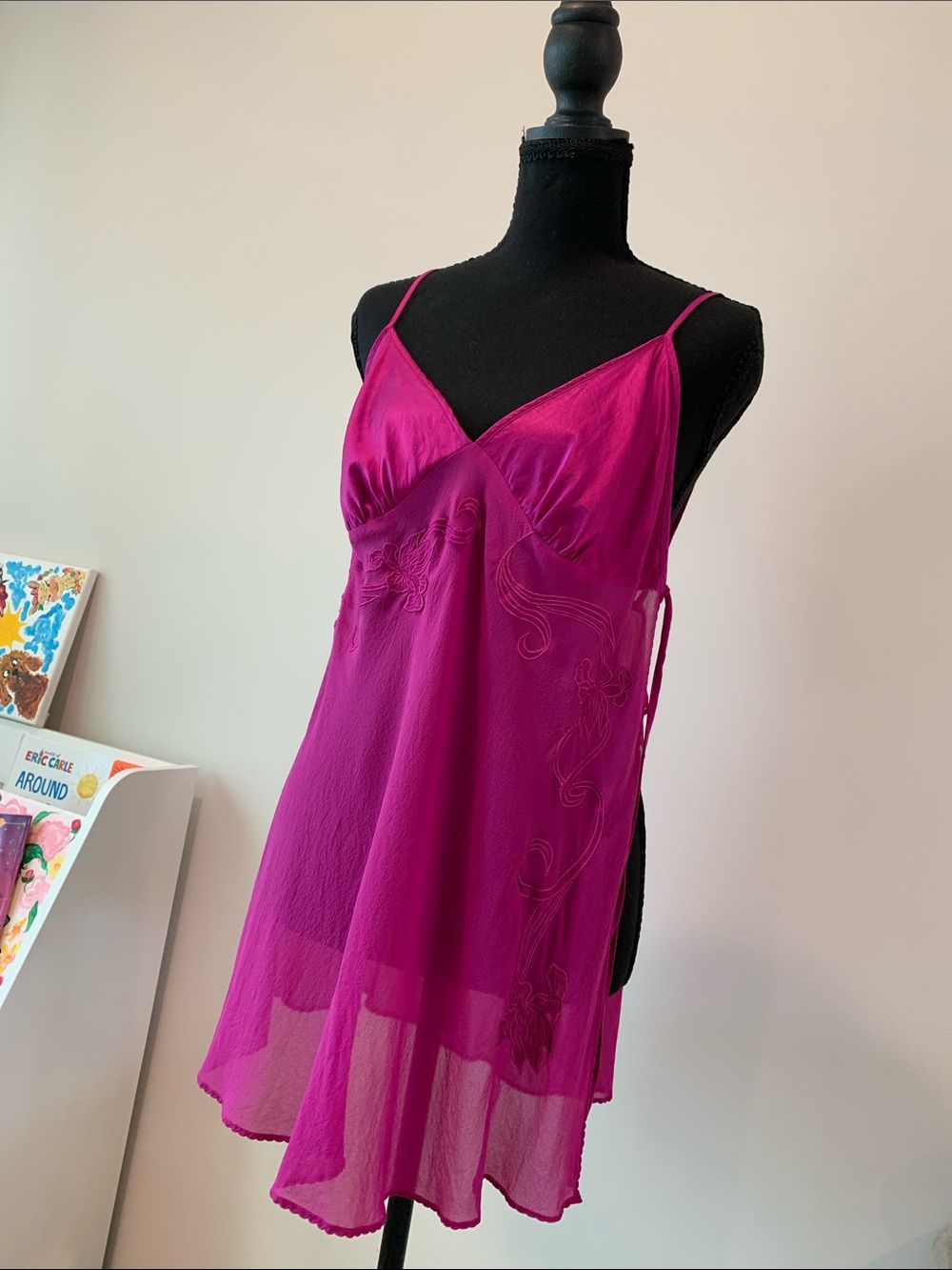 Vintage 100 silk Victoria's Secret Magenta Lace-Accent Slip Chemise/dress